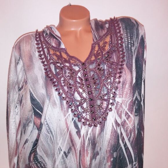 CJ Banks Sweater Womens Plus Size 2X Brown Cream Boho Hooded Studded Bling Croch - Picture 4 of 10